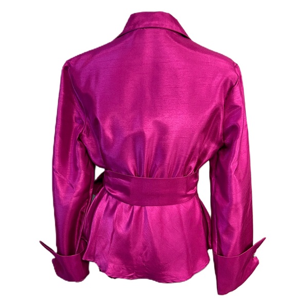 Womens Long Sleeve Wrap Top Size L Tie Bow Satin Metallic Pink Formal Elegant - Picture 2 of 12